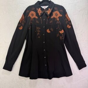 Roja RARE‎ Floral Embroidered Western Snap Front Top Black Womens Xl